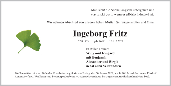 Traueranzeige von Ingeborg Fritz von Fürther Nachrichten Lokal