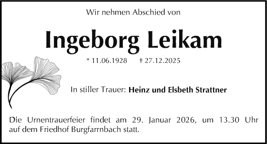 Traueranzeige von Ingeborg Leikam von Fürther Nachrichten Lokal