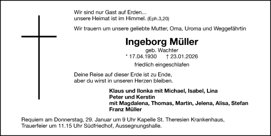 Traueranzeige von Ingeborg Müller von Gesamtausgabe Nürnberger Nachrichten/ Nürnberger Ztg.