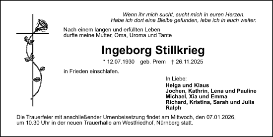 Traueranzeige von Ingeborg Stillkrieg von Gesamtausgabe Nürnberger Nachrichten/ Nürnberger Ztg.