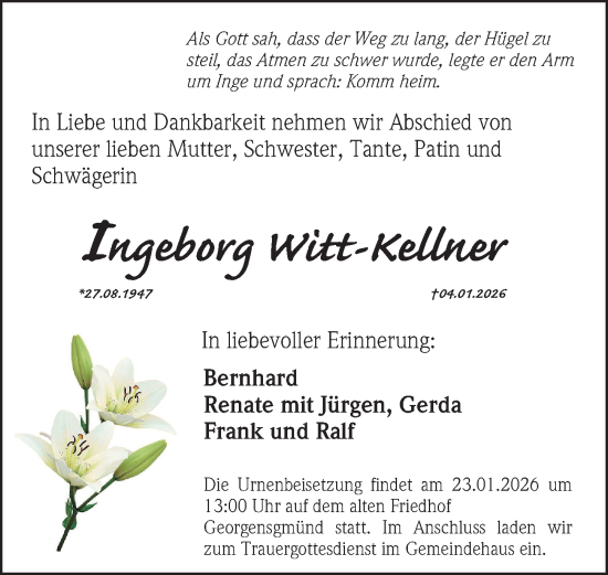 Traueranzeige von Ingeborg Witt-Kellner von Roth-Hilpoltsteiner Volkszeitung Lokal