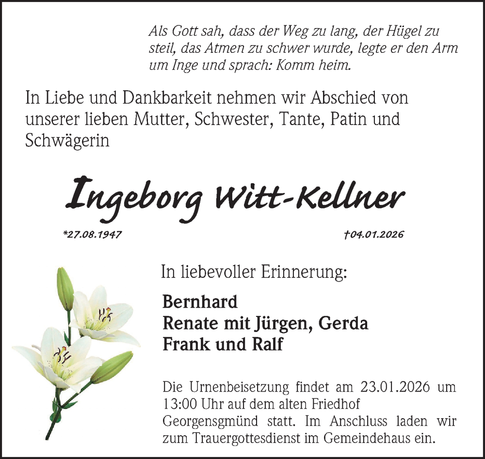  Traueranzeige für Ingeborg Witt-Kellner vom 17.01.2026 aus Roth-Hilpoltsteiner Volkszeitung Lokal