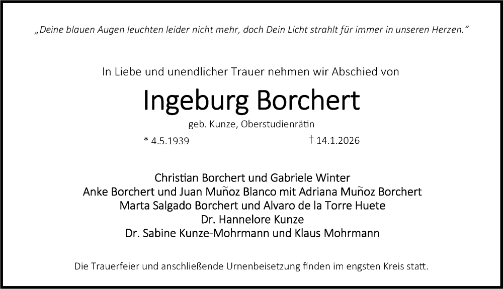  Traueranzeige für Ingeburg Borchert vom 24.01.2026 aus Erlanger Nachrichten Lokal