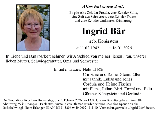 Traueranzeige von Ingrid Bär von Erlanger Nachrichten Lokal