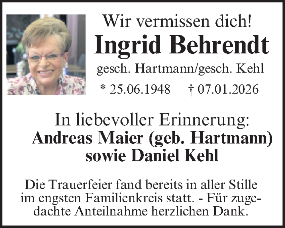  Traueranzeige für Ingrid Behrendt vom 17.01.2026 aus Gesamtausgabe Nürnberger Nachrichten/ Nürnberger Ztg.
