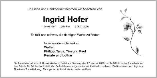 Traueranzeige von Ingrid Hofer von Roth-Hilpoltsteiner Volkszeitung Lokal