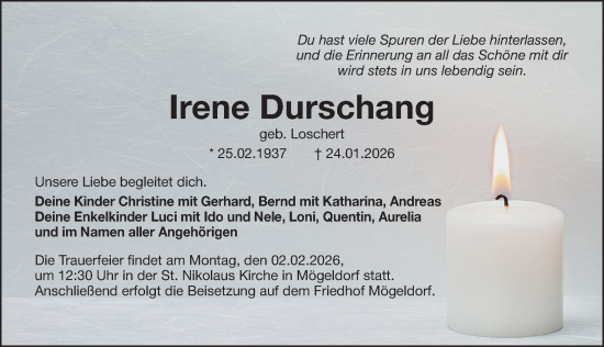 Traueranzeige von Irene Durschang von Gesamtausgabe Nürnberger Nachrichten/ Nürnberger Ztg.