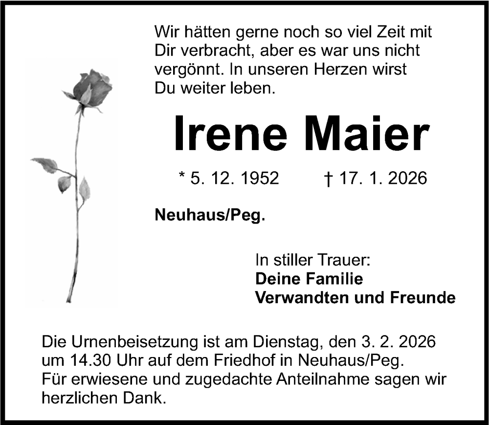  Traueranzeige für Irene Maier vom 31.01.2026 aus Nordbayerische Nachrichten Pegnitz Lokal