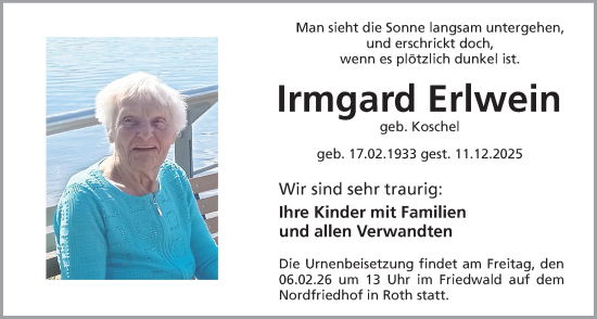 Traueranzeige von Irmgard Erlwein von Roth-Hilpoltsteiner Volkszeitung Lokal