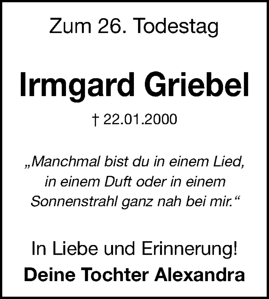  Traueranzeige für Irmgard Griebel vom 22.01.2026 aus Erlanger Nachrichten Lokal