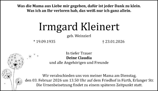 Traueranzeige von Irmgard Kleinert von Fürther Nachrichten Lokal