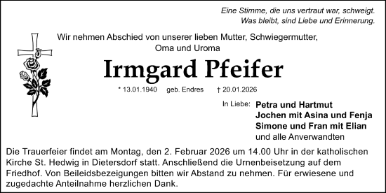 Traueranzeige von Irmgard Pfeifer von Schwabacher Tagblatt Lokal