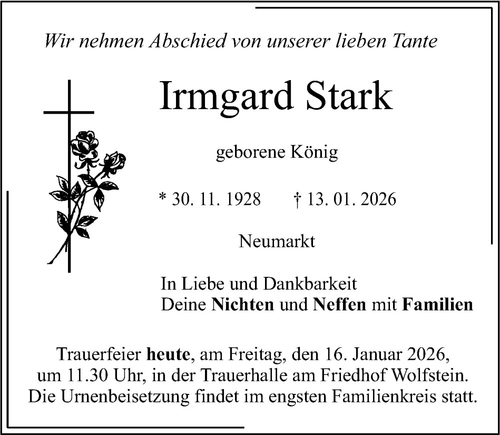  Traueranzeige für Irmgard Stark vom 16.01.2026 aus Neumarkter Nachrichten Lokal