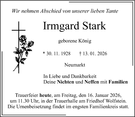 Traueranzeige von Irmgard Stark von Neumarkter Nachrichten Lokal