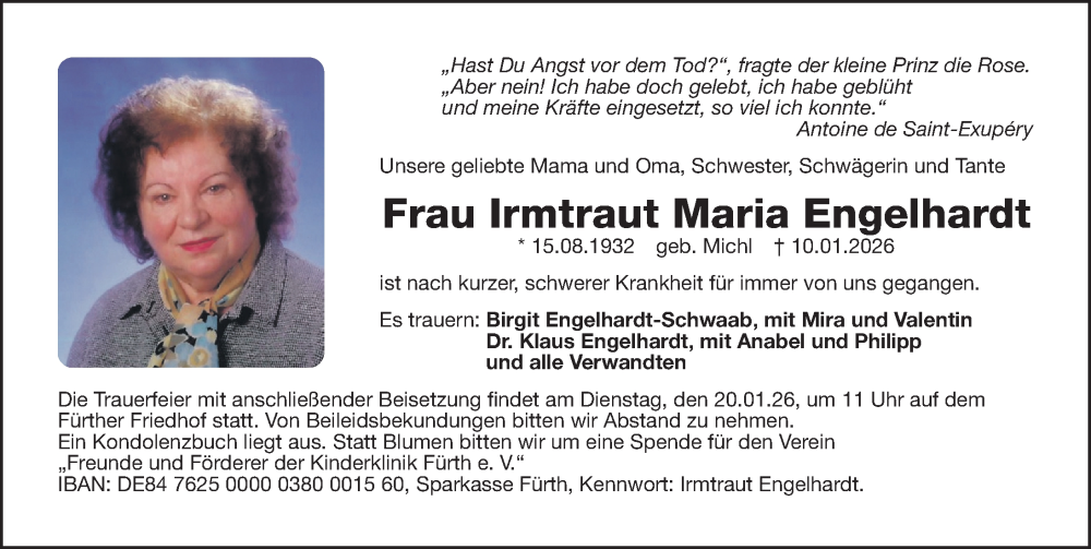  Traueranzeige für Irmtraut Maria Engelhardt vom 17.01.2026 aus Gesamtausgabe Nürnberger Nachrichten/ Nürnberger Ztg./ Fürther Nachrichten