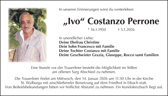 Traueranzeige von Ivo Costanzo Perrone von Gesamtausgabe Nürnberger Nachrichten/ Nürnberger Ztg.