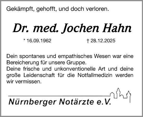 Traueranzeige von Jochen Hahn von Gesamtausgabe Nürnberger Nachrichten/ Nürnberger Ztg.