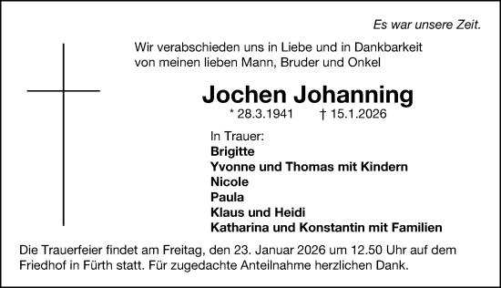 Traueranzeige von Jochen Johanning von Gesamtausgabe Nürnberger Nachrichten/ Nürnberger Ztg./ Fürther Nachrichten