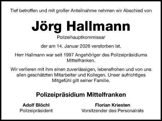 Traueranzeige von Jörg Hallmann von Gesamtausgabe Nürnberger Nachrichten/ Nürnberger Ztg.