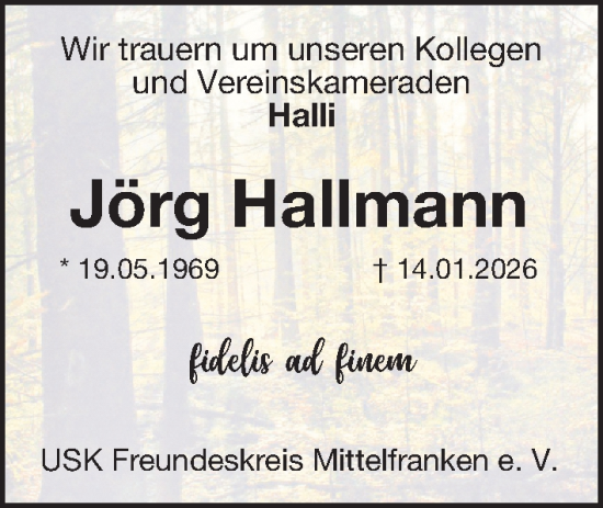 Traueranzeige von Jörg Hallmann von Gesamtausgabe Nürnberger Nachrichten/ Nürnberger Ztg./ Erlanger Nachrichten/ Fürther Nachrichten