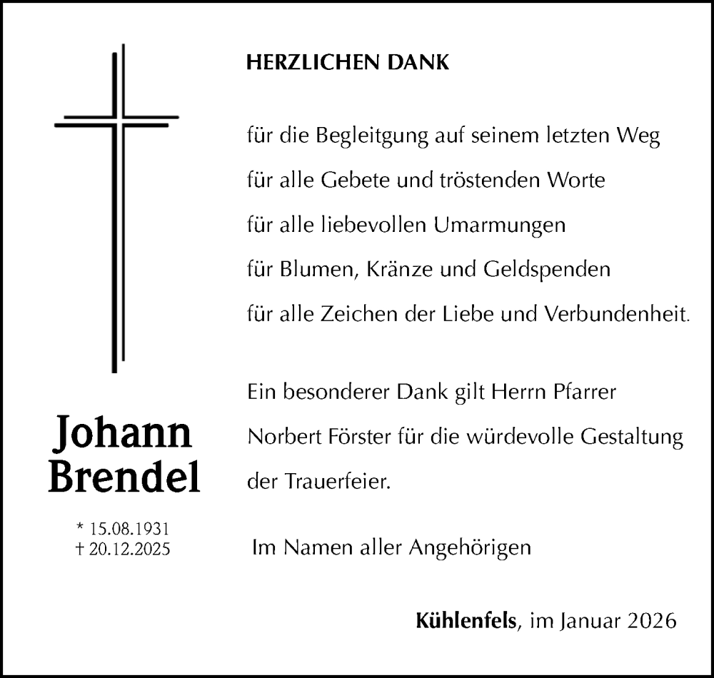  Traueranzeige für Johann Brendel vom 31.01.2026 aus Nordbayerische Nachrichten Pegnitz Lokal