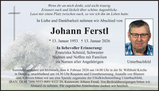 Traueranzeige von Johann Ferstl von Neumarkter Nachrichten Lokal