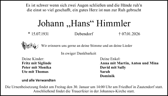 Traueranzeige von Johann Himmler von Fürther Nachrichten Lokal