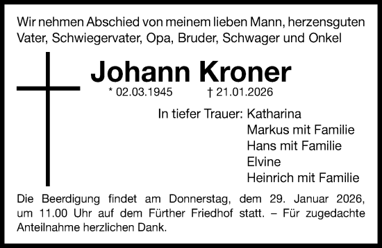 Traueranzeige von Johann Kroner von Fürther Nachrichten Lokal