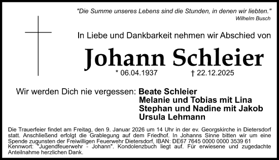 Traueranzeige von Johann Schleier von HST,G