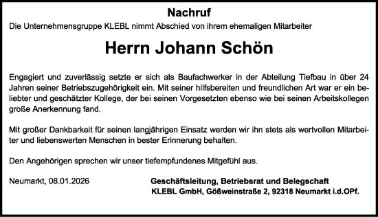 Traueranzeige von Johann Schön von Neumarkter Nachrichten Lokal
