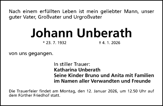 Traueranzeige von Johann Unberath von Fürther Nachrichten Lokal