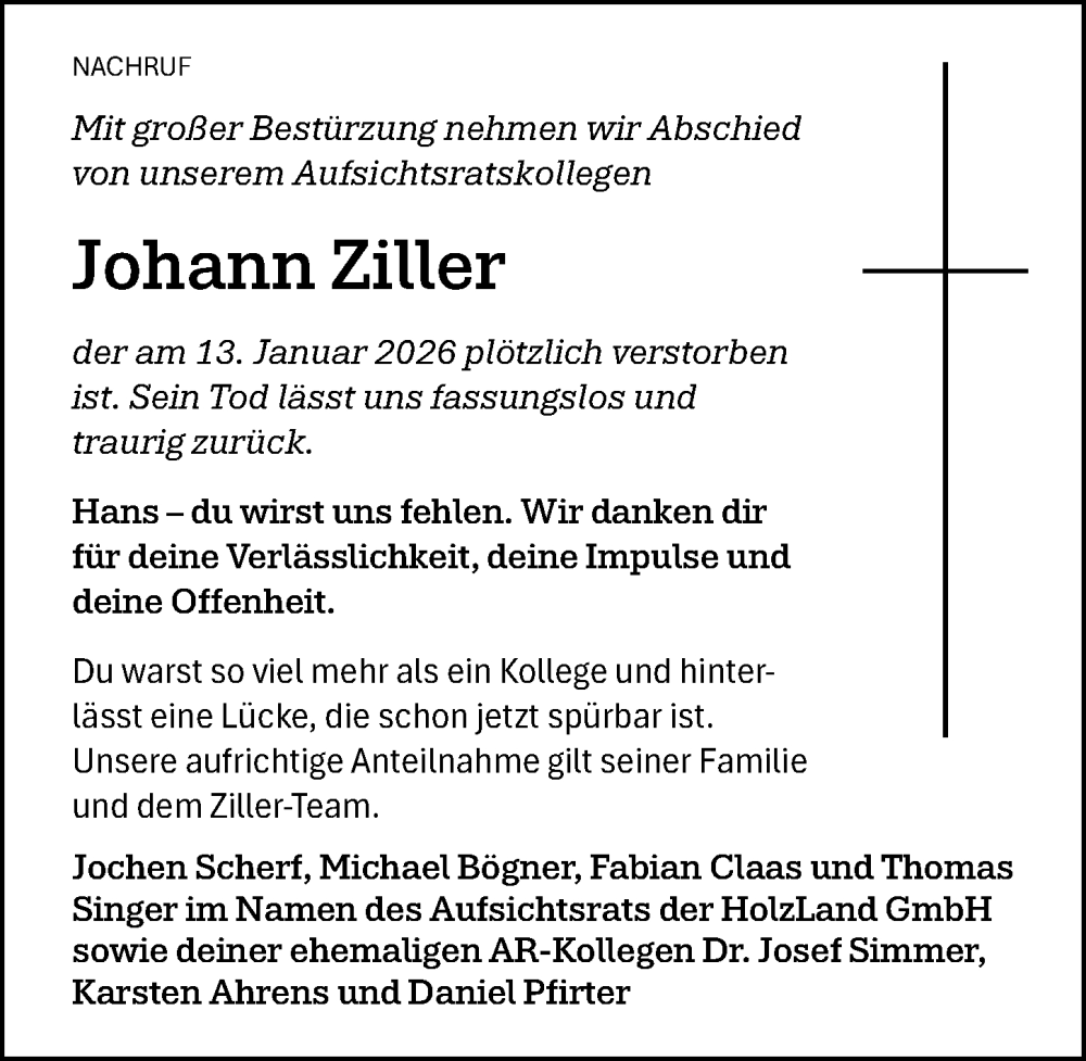  Traueranzeige für Johann Ziller vom 21.01.2026 aus Gesamtausgabe Nürnberger Nachrichten/ Nürnberger Ztg.