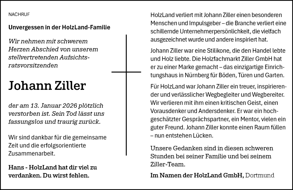  Traueranzeige für Johann Ziller vom 21.01.2026 aus Gesamtausgabe Nürnberger Nachrichten/ Nürnberger Ztg.