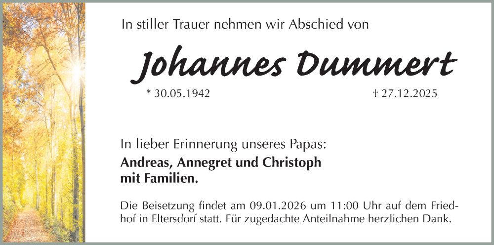  Traueranzeige für Johannes Dumumert vom 03.01.2026 aus Erlanger Nachrichten Lokal