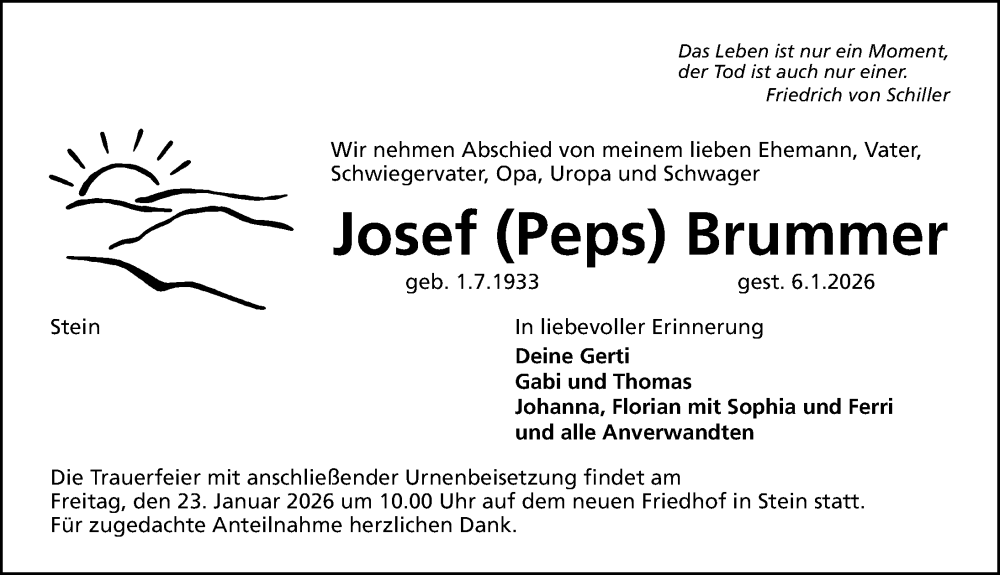  Traueranzeige für Josef Brummer vom 17.01.2026 aus Gesamtausgabe Nürnberger Nachrichten/ Nürnberger Ztg.