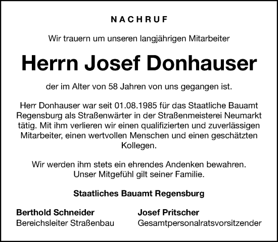 Traueranzeige von Josef Donhauser von Neumarkter Nachrichten Lokal