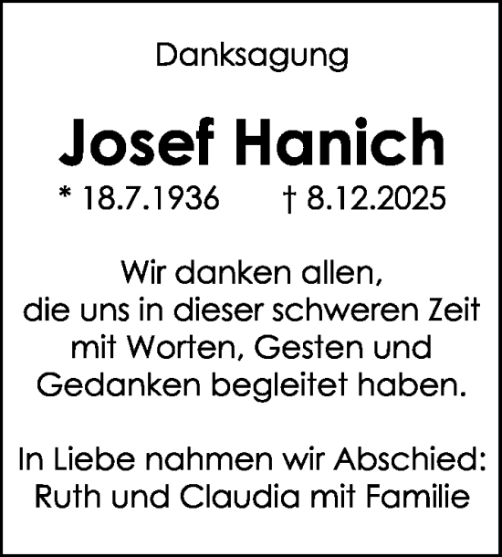Traueranzeige von Josef Hanich von Schwabacher Tagblatt Lokal