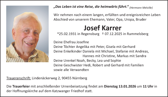 Traueranzeige von Josef Karrer von Gesamtausgabe Nürnberger Nachrichten/ Nürnberger Ztg.