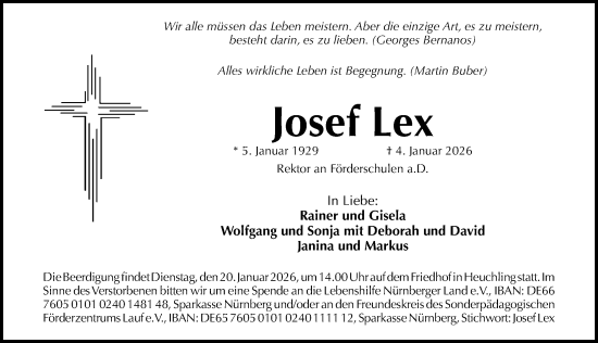 Traueranzeige von Josef Lex von Gesamtausgabe Nürnberger Nachrichten/ Nürnberger Ztg.