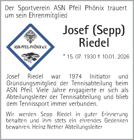 Traueranzeige von Josef Riedel von Gesamtausgabe Nürnberger Nachrichten/ Nürnberger Ztg.