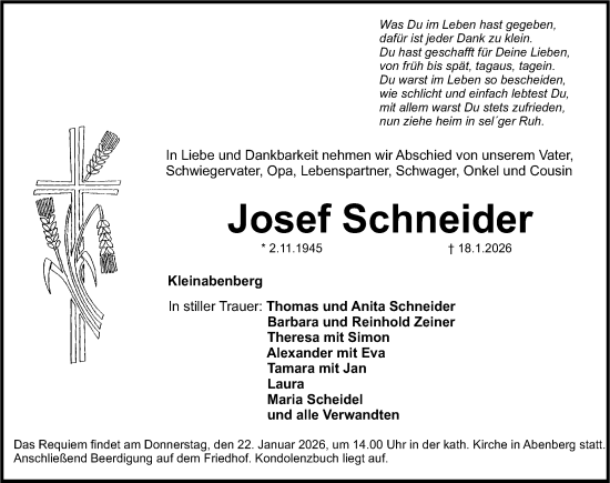 Traueranzeige von Josef Schneider von Roth-Hilpoltsteiner Volkszeitung/ Schwabach