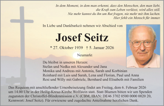 Traueranzeige von Josef Seitz von Neumarkter Nachrichten Lokal