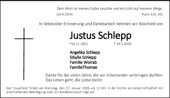 Traueranzeige von Justus Schlepp von Gesamtausgabe Nürnberger Nachrichten/ Nürnberger Ztg.