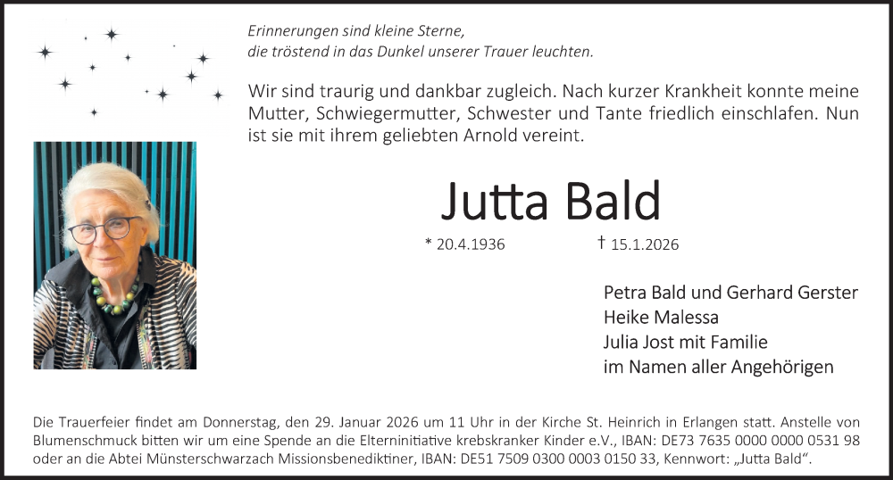 Traueranzeige für Jutta Bald vom 24.01.2026 aus Erlanger Nachrichten Lokal