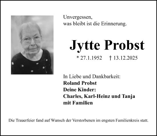Traueranzeige von Jytte Probst von Gesamtausgabe Nürnberger Nachrichten/ Nürnberger Ztg.