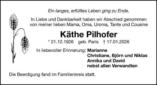 Traueranzeige von Käthe Pilhofer von Gesamtausgabe Nürnberger Nachrichten/ Nürnberger Ztg.