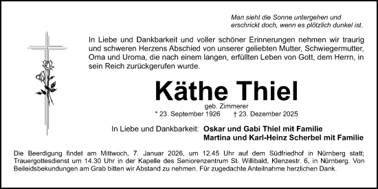 Traueranzeige von Käthe Thiel von Gesamtausgabe Nürnberger Nachrichten/ Nürnberger Ztg.