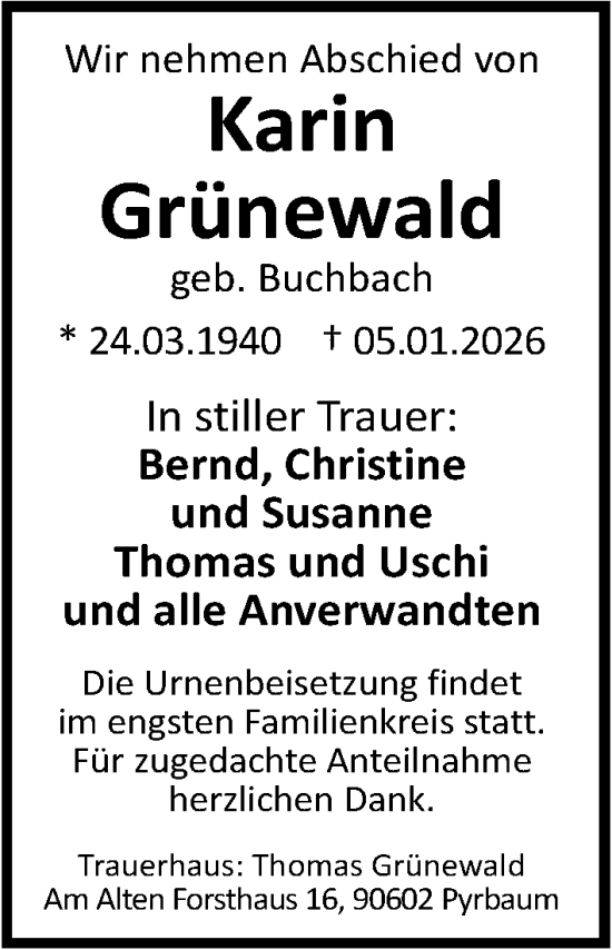 Traueranzeige von Karin Grünewald von Gesamtausgabe Nürnberger Nachrichten/ Nürnberger Ztg.