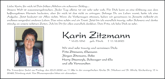 Traueranzeige von Karin Zitzmann von Gesamtausgabe Nürnberger Nachrichten/ Nürnberger Ztg.