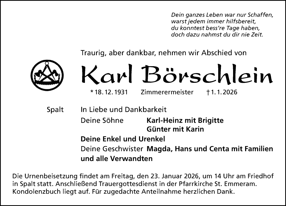  Traueranzeige für Karl Börschlein vom 20.01.2026 aus Altmühl-Bote Lokal/ Roth-Hilpoltsteiner Volkszeitung